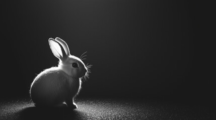 Monochrome Easter composition, white bunny silhouette on a dark textured background, ultra-minimalist style. 