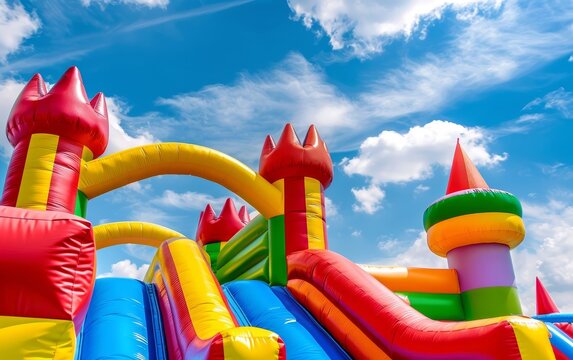 A stunning array of inflatable structures in vibrant colors dominate the sunny sky, inviting endless play and exploration.