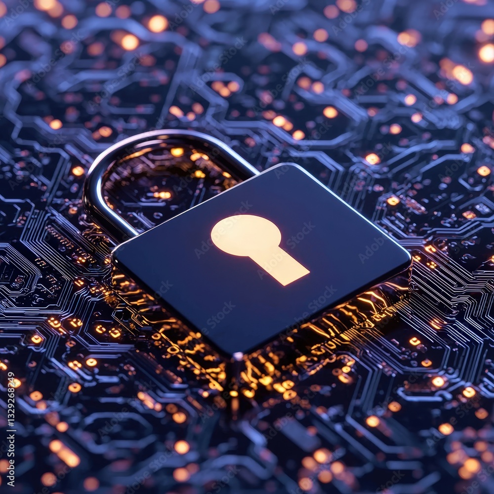 Poster secure padlock resting on a circuit board symbolizing protection and security in the digital age
