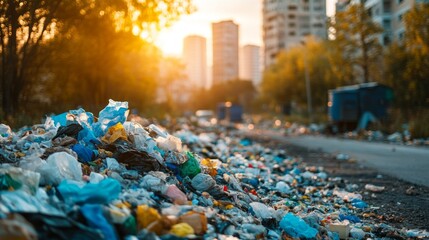 A waste processing plant is equipped with advanced automated systems for sorting recyclable materials and managing waste efficiently during daylight hours in an urban setting.