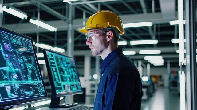 Engineer factory automation industrial. Male engineer monitors automation in factory. Digital systems optimize production. Engineer factory automation industrial process improves efficiency.