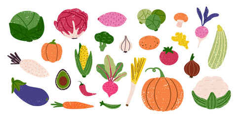 Fresh organic vegetables crayon and chalk textured drawing set