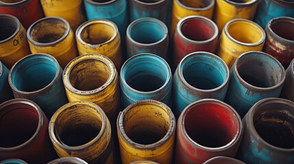 A collection of steel pipes used for industrial materials and engineering construction. The factory equipment includes iron tubes and metal stored in an industrial warehouse
