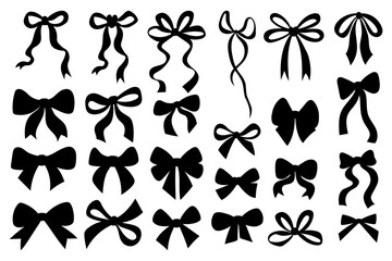 Vintage black ribbon bow silhouette collection. Romantic coquette girly vibe. Vector illustration. Isolated Trendy simple aesthetic decorative holiday elements on white background