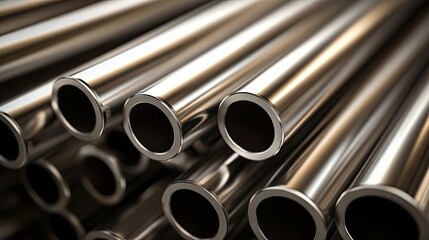 Fototapeta premium A collection of steel pipes used for industrial materials and engineering construction. The factory equipment includes iron tubes and metal stored in an industrial warehouse