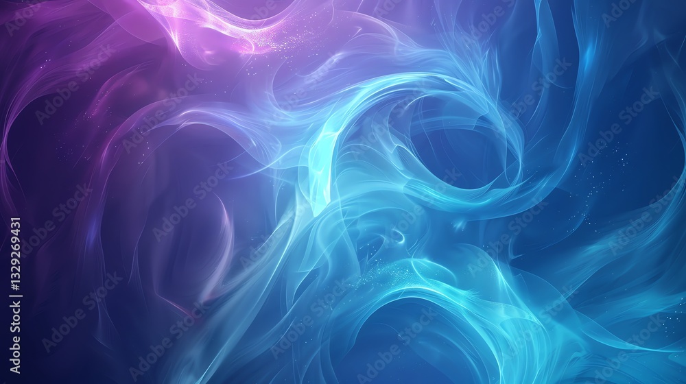 Poster an abstract background of blue and purple flowing light with sparkling particles.