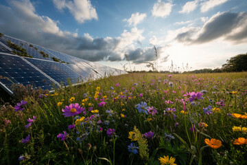 A thought-provoking landscape where wildflowers overgrow abandoned and broken solar panels