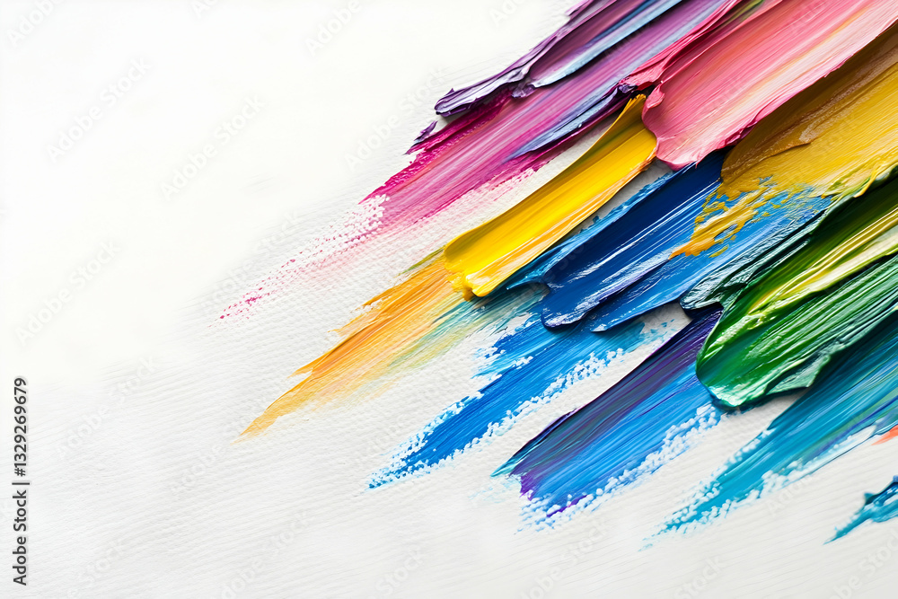 Poster a close-up of colorful paint strokes on a white canvas, creating an abstract background with a palet