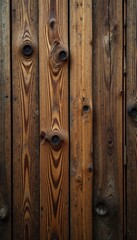 Fototapeta premium Weathered wood planks, rich brown tones, knotty texture, background, vertical, wood texture