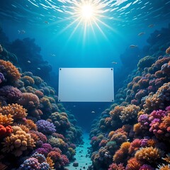 Underwater Coral Reef with Blank Sign Displaying Information and Bright Sun