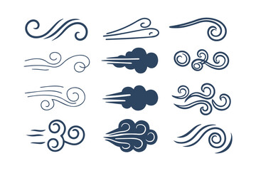 Hand Drawn Doodle Wind and Air Motion Sketch Set. Abstract Swirls, Smoke Flow, and Line Art Elements Vector Graphic Clipart Isolated Illustration