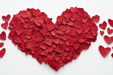 Romantic heart shape made from scattered red rose petals arranged symmetrically on a plain white background for valentine and love themed visuals