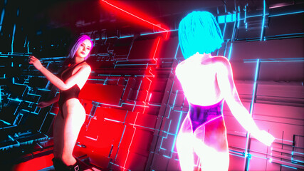 Virtual Reflections: A Cyberpunk Face-Off.. 3d rendering