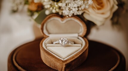 A romantic proposal setting featuring a heart-shaped ring box with a diamond engagement ring inside