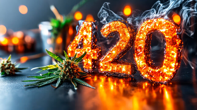 Red glowing number 420 on dark background. Symbol of cannabis smoking