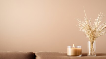 A serene arrangement of a lit candle and delicate dried flowers on a soft beige surface creates a warm and calming atmosphere, perfect for relaxation and peaceful moments.