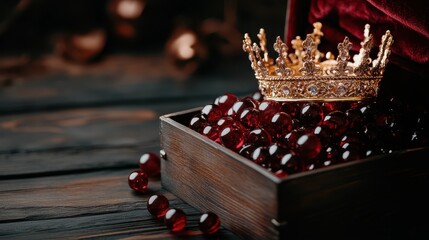 A regal crown embedded with various jewels and accompanied by glowing red orbs sits gracefully in a wooden chest, evoking feelings of wealth and nostalgia in stunning detail.