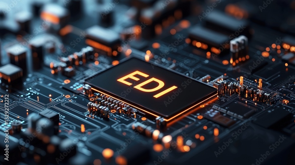 Poster electronic data interchange concepts. a detailed close-up of a circuit board with the label 