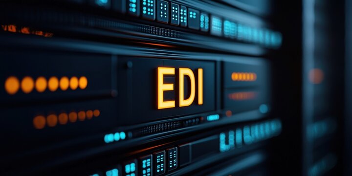 Electronic Data Interchange concepts. The image features a close-up of a digital interface displaying "EDI" in bright orange against a dark, technology-themed background.