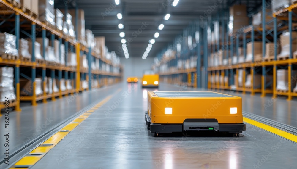 Poster automated robots navigate a warehouse filled with shelves and boxes, showcasing advanced logistics a