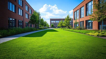 Lush green lawn between modern brick office buildings on a sunny day.