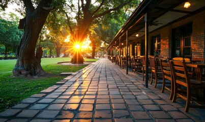 Sunlight bathes the parkside cafe in a golden glow, creating a peaceful, inviting atmosphere.