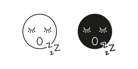 Sleeping Face with Eyelashes and ZZZ Line and Silhouette Icon Set. Peaceful Rest and Sleep Outline Symbol. Editable Stroke. Isolated Vector Illustration