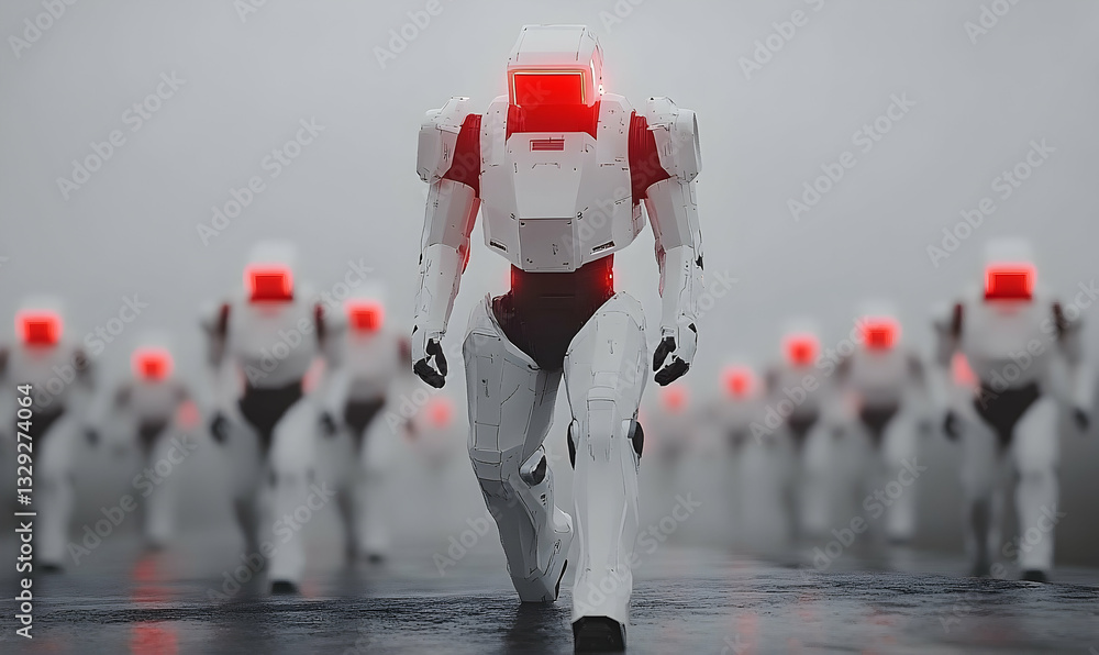 Poster a line of white robots with red lights marches forward in a foggy setting. the lead robot is in focu