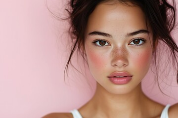 Naklejka premium Close-up of a young woman's face, pink background.