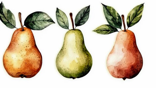 Colorful watercolor pears in various shades with green leaves on white background
