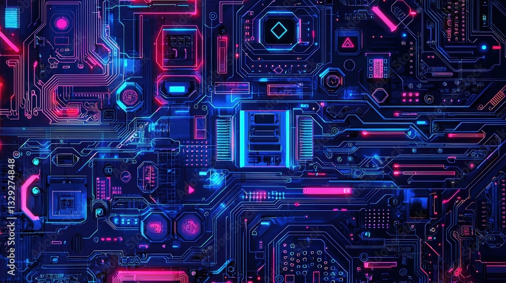 Poster computer circuit board with blue background displaying intricate patterns and components for electro