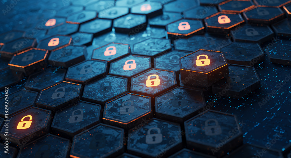 Poster cybersecurity hex grid: data protection, network security, encryption, & online privacy - shielding 