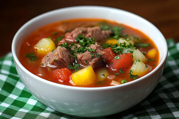 borscht, a russian red beet-like soup with vegetables and meat