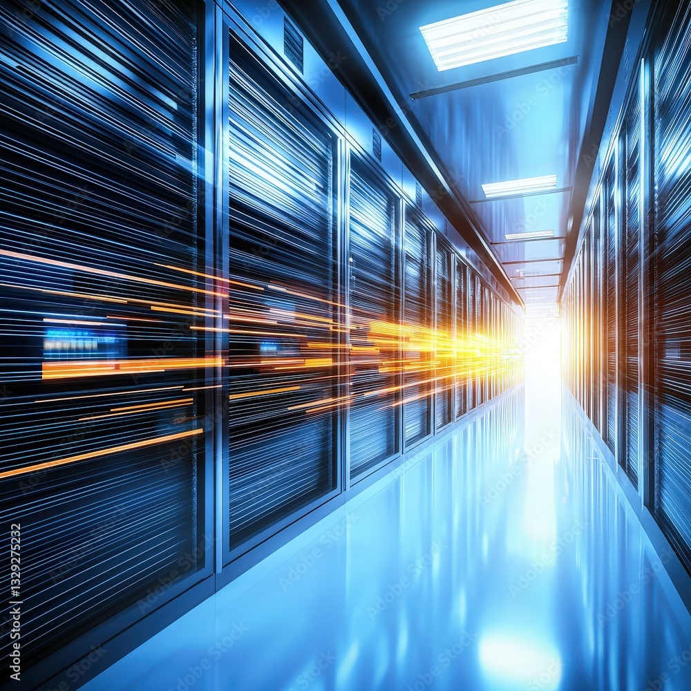 Poster state-of-the-art server room filled with multiple servers and networking equipment in a data center