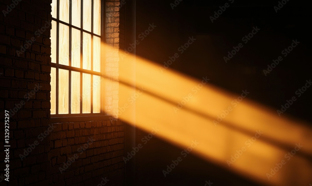 Aufkleber sunlight streams through a barred window, illuminating a brick wall with golden light and creating s
