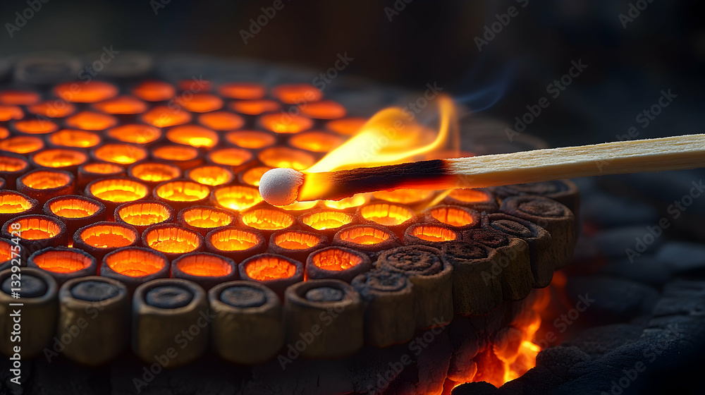 Poster glowing embers arranged in a circular pattern, with a lit match held above a small white object posi