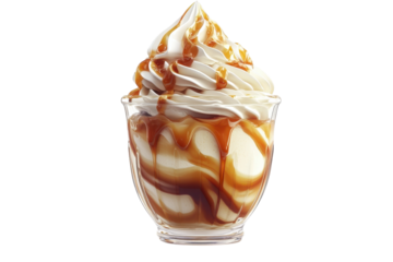 Creamy Swirls Of Vanilla Soft Serve Generously Drizzled With Rich Caramel Sauce, A Delightful Dessert In A Clear Glass, Promising Sweet Indulgence Isolated on Transparent Background