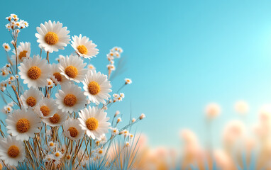 blurred blue background with delicate flowers, creating an atmosphere of tranquility and beauty
