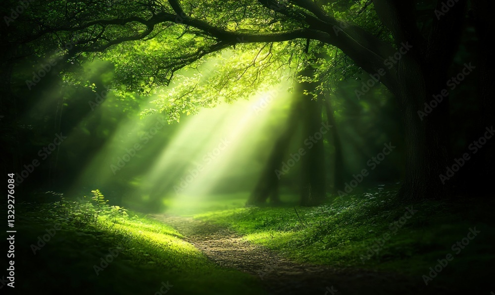 Aufkleber sunlight streams through the trees, creating a magical path in the tranquil, lush forest.