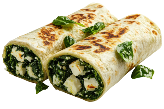Delicious Spinach And Feta Wraps, A Delightful Culinary Experience, Subtly Toasted Flatbreads Holding A Vibrant Green Filling, Garnished With Fresh Spinach Leaves Isolated on Transparent Background
