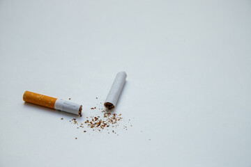 cigarette cut in half on white background