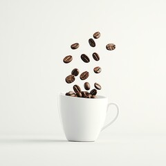 Obraz premium Floating coffee beans fall into a minimalist white coffee cup against a clean white background, creating a dynamic and modern caffeine concept.