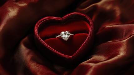 Fototapeta premium A velvet heart-shaped jewelry box with a sparkling diamond engagement ring inside, placed on a silk pillow