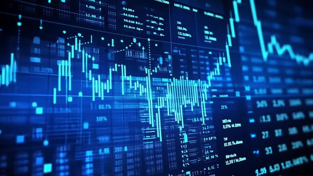 Complex data patterns illustrate market movements and financial activity. Bright blue graphics highlight significant trends and statistical insights for investors and analysts