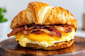 A breakfast sandwich featuring a soft croissant stuffed with scrambled eggs, crispy bacon, and cheddar cheese