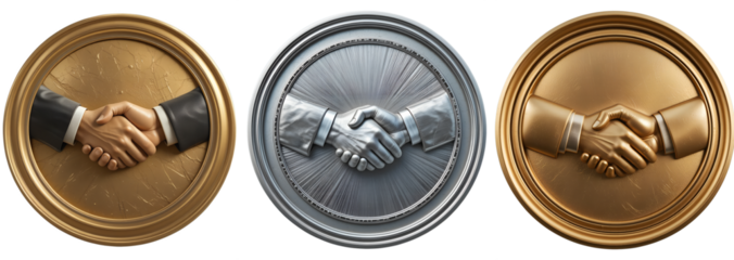  handshake medallion in gold, silver, and bronze, hyperrealistic embossed relief symbolizing partnership, trust, business success, corporate unity, and professional agreements