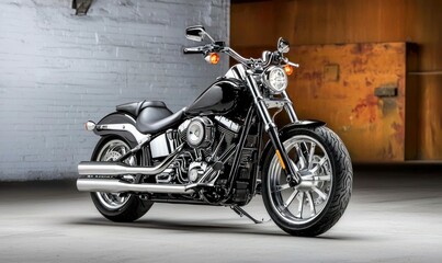 Close up of a sleek black motorcycle in a studio setting with excellent lighting and details.