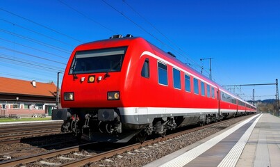 A modern red passenger train waits at the platform on a sunny day, ready for departure.