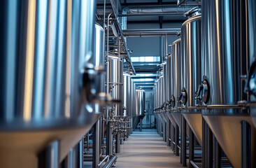 "Industrial-Style Beer Tanks in a Modern Brewery Facility"