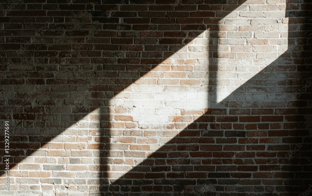 Poster sunlight streams through window panes, casting geometric patterns on a textured, weathered brick wal